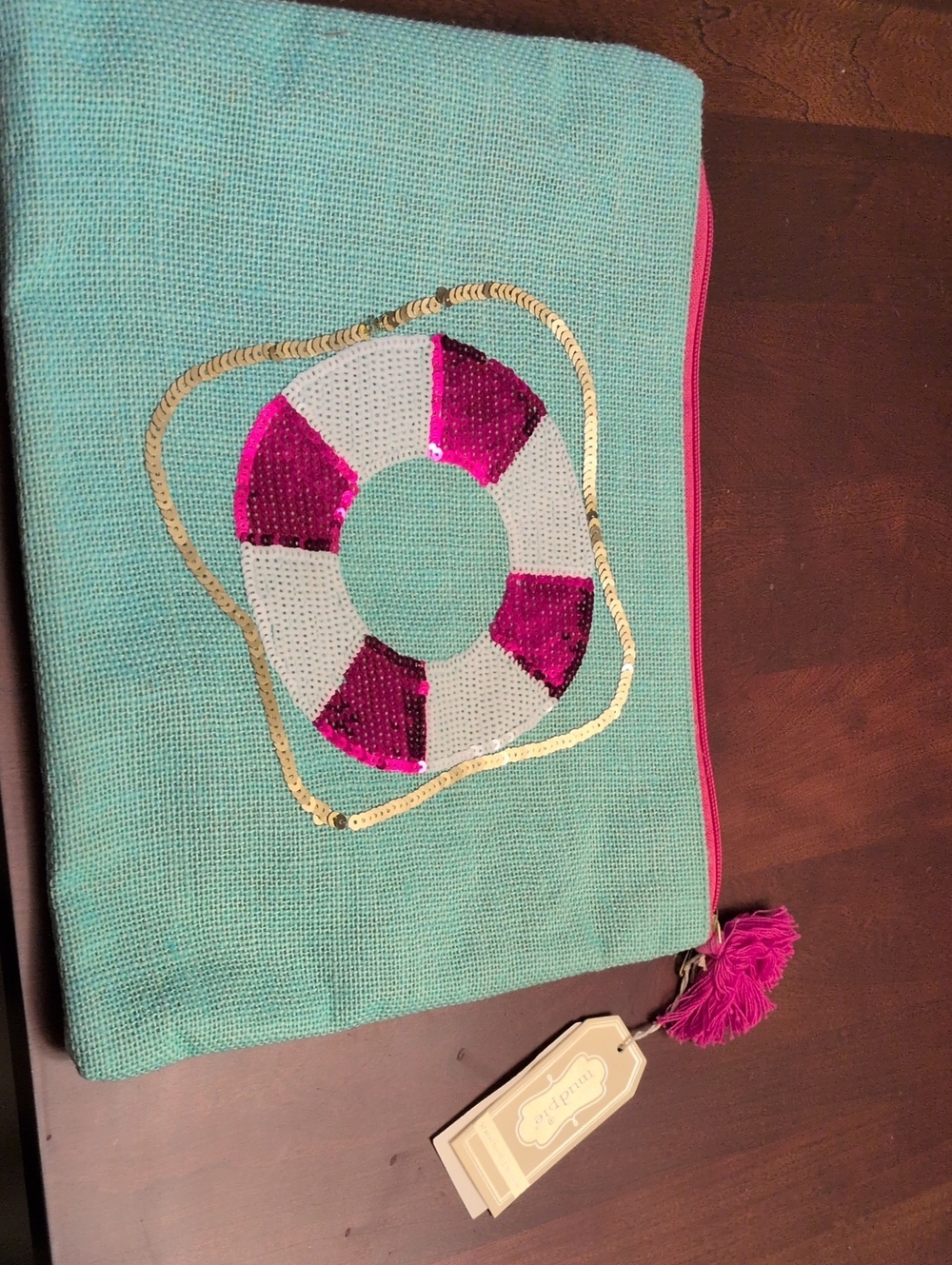 Mudpie Sequin Lifesaver Canvas Clutch - Turquoise & Hot Pink - NWT